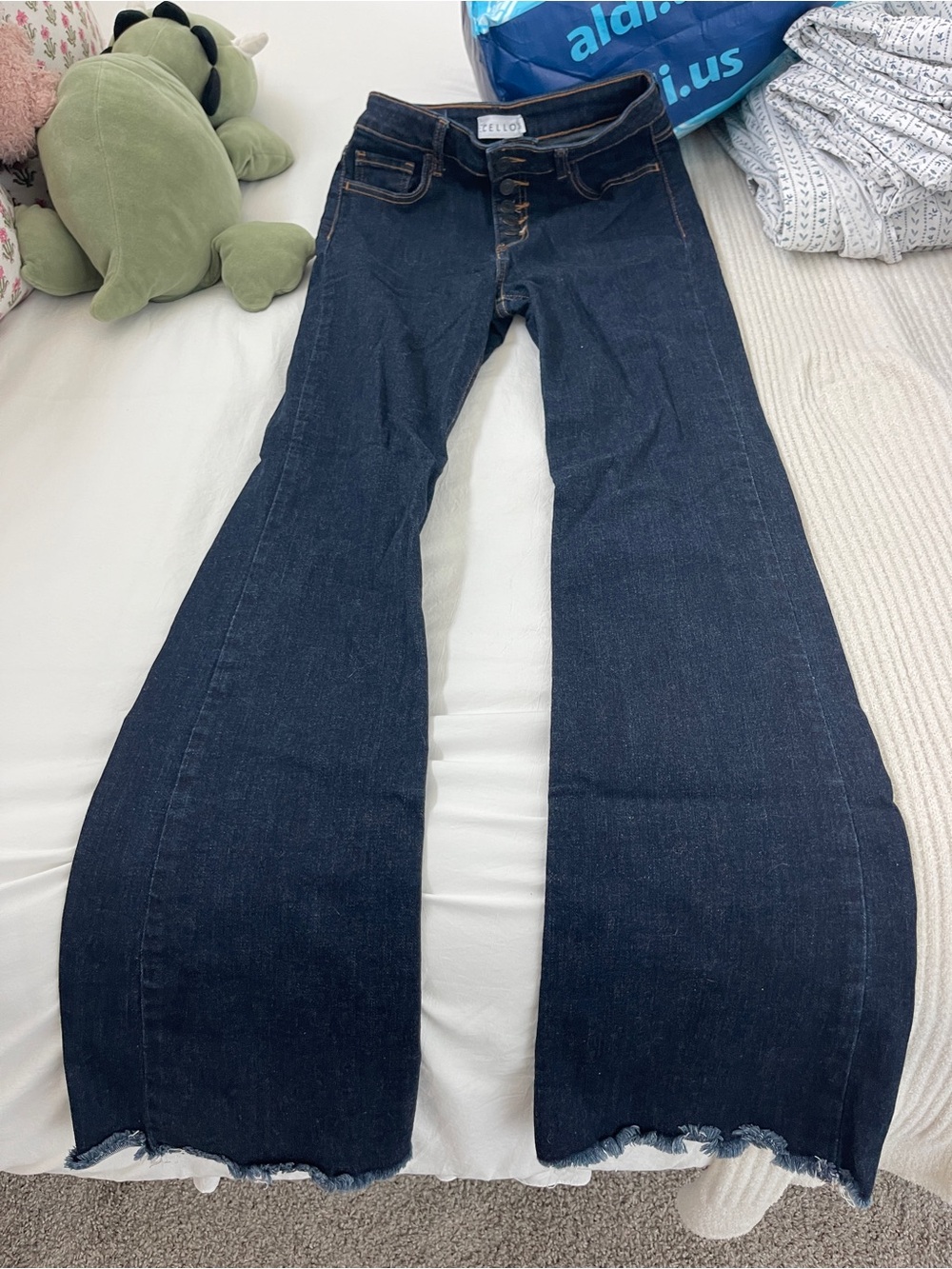 Cello Dark Blue High-Rise Flare Jeans with Raw Hem